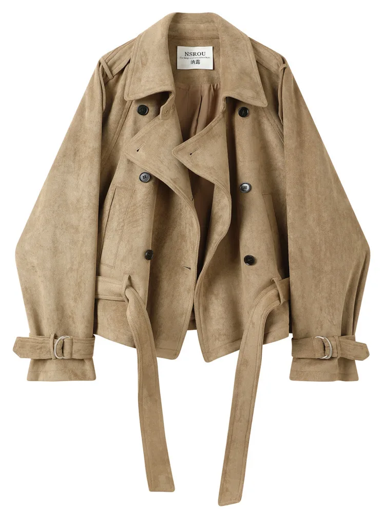 ZMEENNA レディース ショート フェイクスエード ダブルブレスト トレンチ ジャケット コート ベルト付き 秋のファッション オーバーコート カジュアル アウター ZM4288