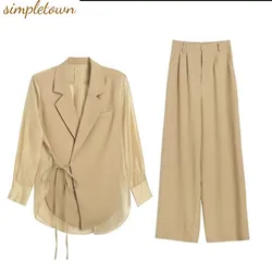 Loose Casual Satin Lace Up Jacket Blazer Summer Wide Leg Pants Two-piece Elegant Women's Pants Suit Office Outfits Clothing