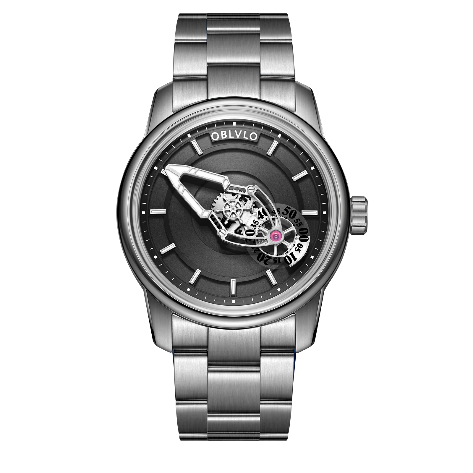 OBLVLO ساعة أوتوماتيكية للرجال 42 مللي متر ساعة اليد الميكانيكية مقاوم للماء الياقوت دوران مضيئة الطلب الصغير أيدي المركبة الفضائية الفريدة