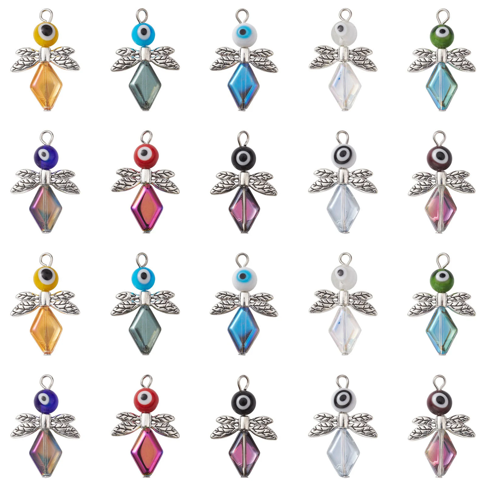 20pcs Mixed Styles Glass Angel Charms Fairy Wing Dangle Charms with Evil Eye for Necklace Bracelet DIY Craft Jewelry Making