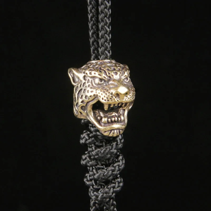 Vintage Solid Copper Leopard Head Knife Bead EDC Paracord Pendant Handmade Charm Keychain Spacer Beads for DIY & Outdoor Gear