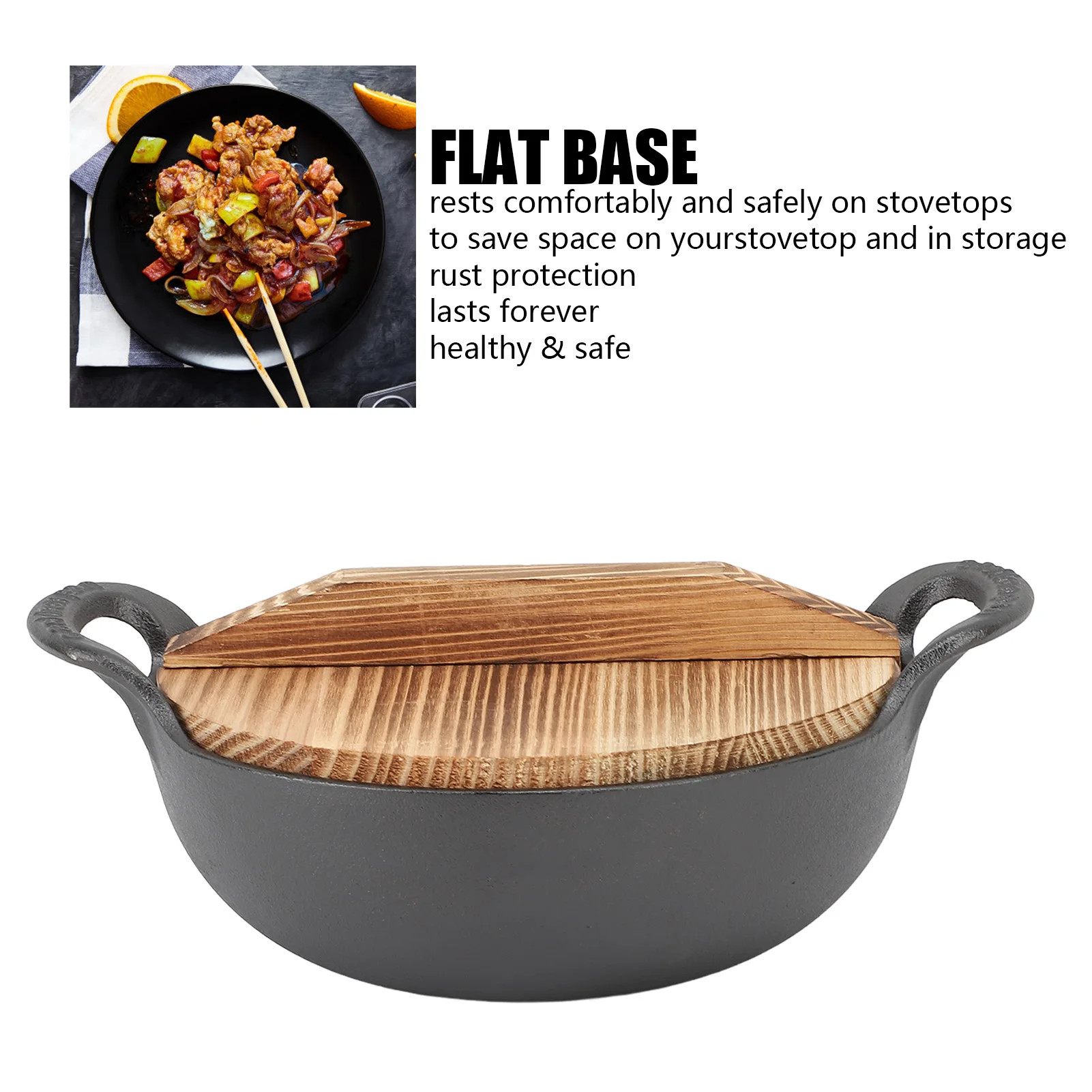 Cast Iron Wok Wooden Lid Flat Base 2 Loop Handle Even Heat  Multifunctional Stir Fry Pan for Kitchen