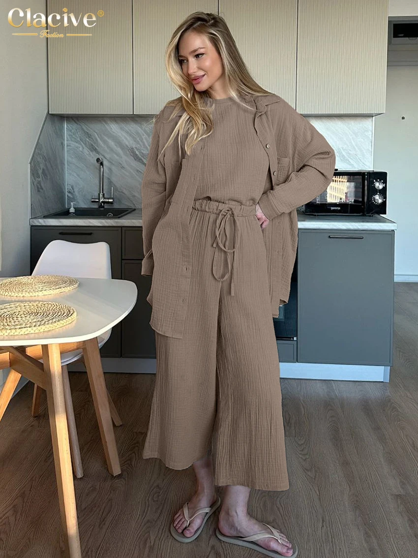 

Clacive Fashion Loose Khaki Cotton 3 Pieces Set For Woman Elegant Long Sleeve Blouse + T Shirt With High Waist Wide Pants Set