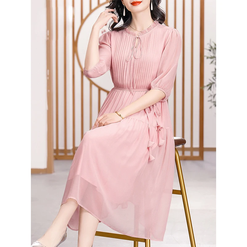 BirdTree 100%Real Silk Plus Size Dresses Women,Round Neck Half Sleeves,Solid Slim Elegant Mid Dress,2024 Spring New D42278QD