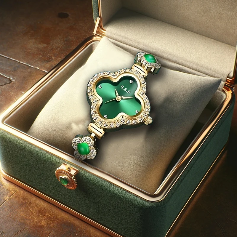 

Женские желто-зеленые модные минималистичные кварцевые часы с четырьмя листьями клевера в корейском стиле.