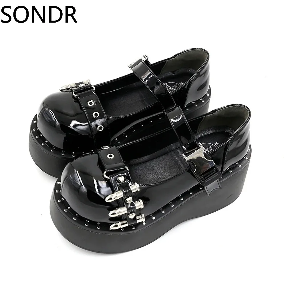 Womens Lolita Metal Chain Gothic Rivet Bullet Punk Pumps Shoes Creepers Japanese Harajuku Platform Belt Buckle Black