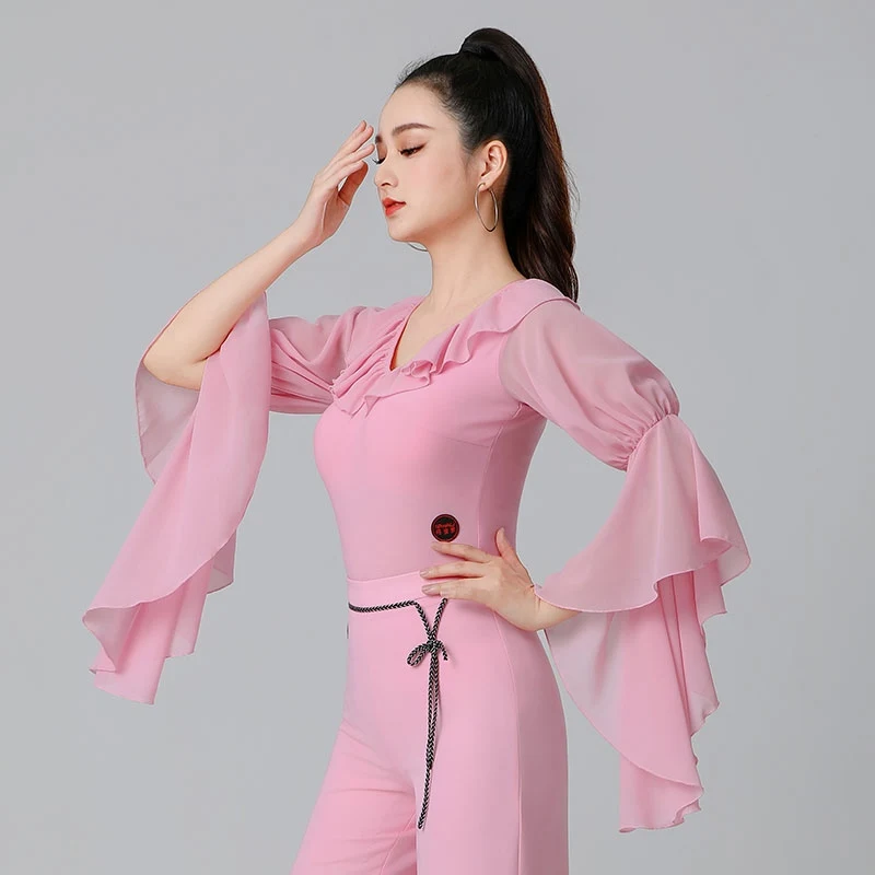 ใหม่Latin Dance Topsผู้หญิงแขนยาวRuffle Edge Jumpsuitฝึกเสื้อผ้าChacha Rumba Tango Latin Dance DN20591
