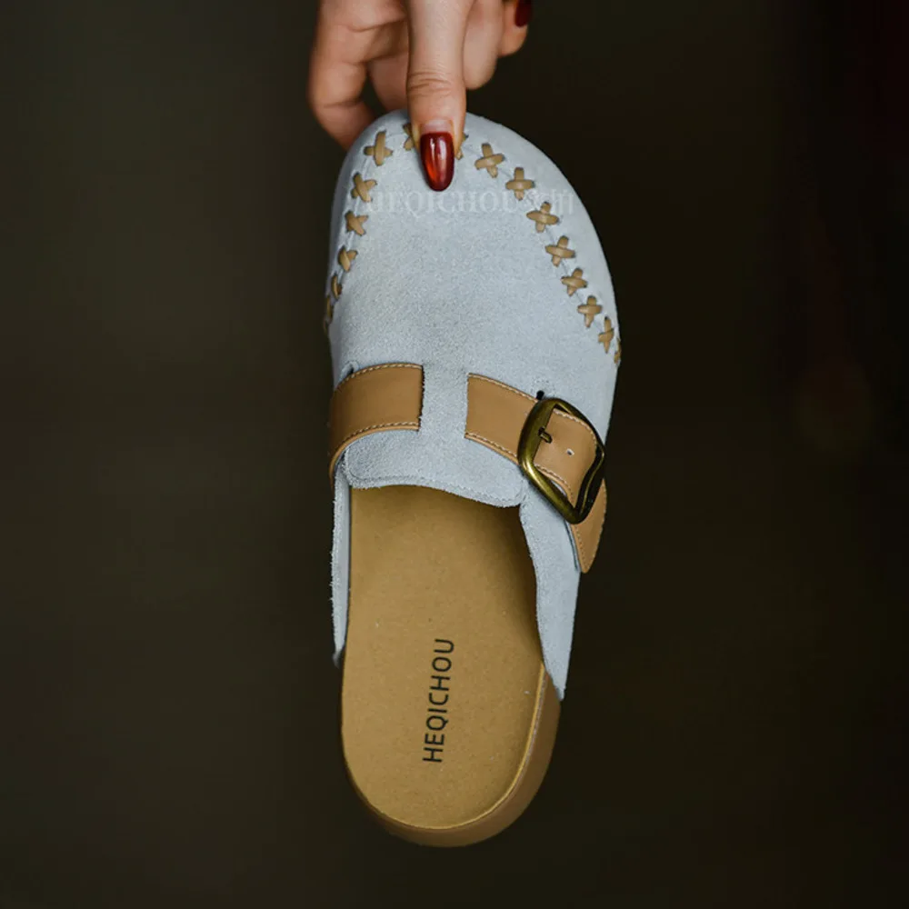 Women LightBlue Genuine Suede Mule Slippers HandStitched Magic Tape Closed Toe Backless Flat Retro Casual Shoes