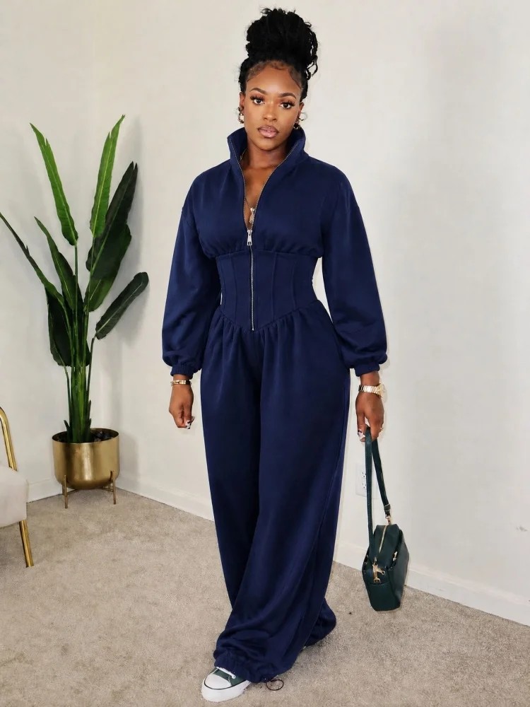 Wmstar Jumpsuit Women Wholesale Long Sleeve Stand Collar Waist Wide Leg Casual Sweat Jumpsuit Drawstring Cuff Daily Outfit
