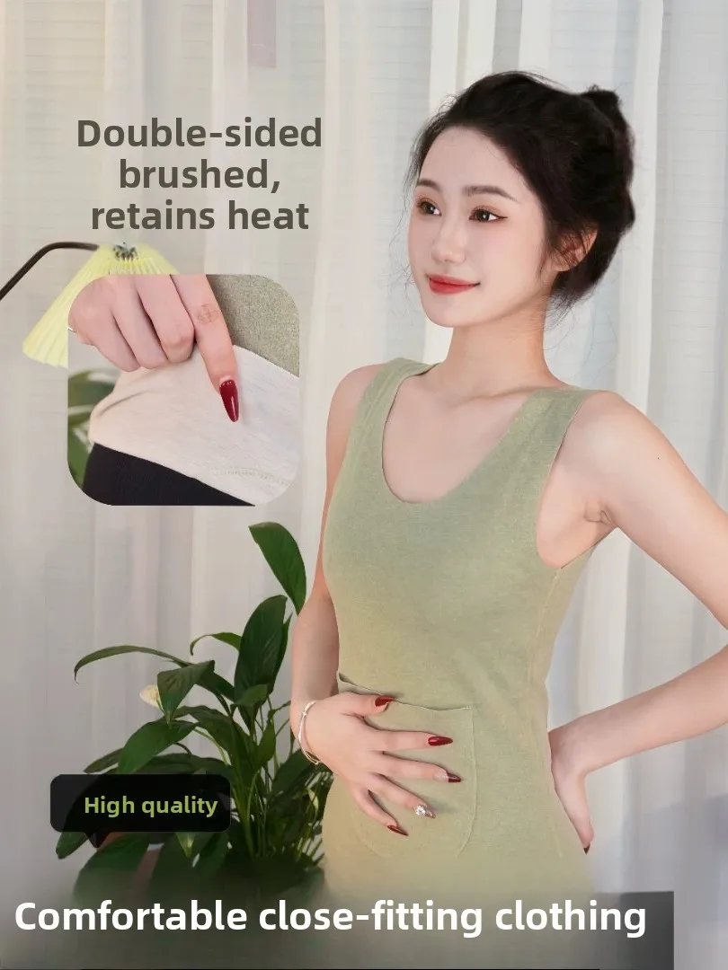 Skin-Friendly Silk Double-Sided Flocking Velvet Warm Vest with Pocket Waist Support Women's Fashion Commute Style Two-In-One