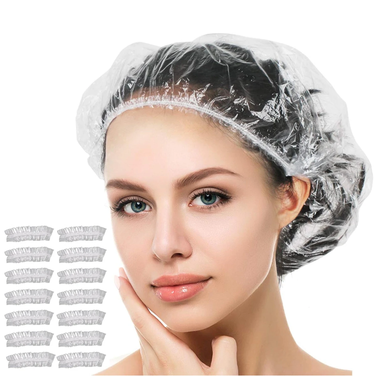 100Pcs Disposable Shower Bath Cap Elastic Plastic Wrap Covers Sauna Accessories Transparent and Waterproof Woman Shower Cap