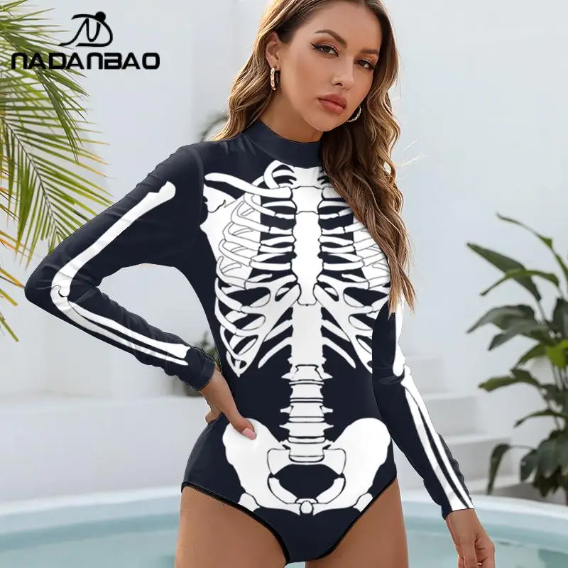 NADANBAO Halloween Cosplay Costumes Women Girls Sexy Summer Swimsuit Female Bodysuit Skeleton Printed Party Swimwear