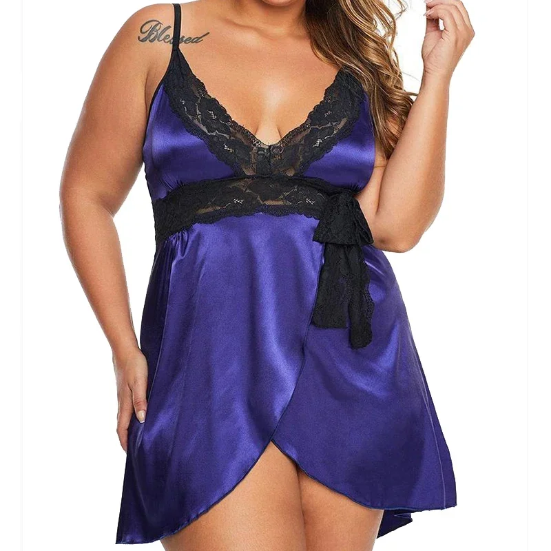 Conjunto Lingеrie Sexy para mujer, ropa interior de satén y encaje, camisón corto con abertura frontal, lencería de talla grande, ropa de dormir Sexy