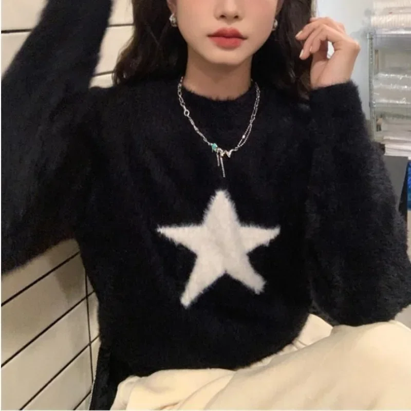 Cropped Stars Pullovers Women Casual Long Sleeve Tender Harajuku Students Sweaters Korean Fashion Pull Femme Ropa Mujer Retro