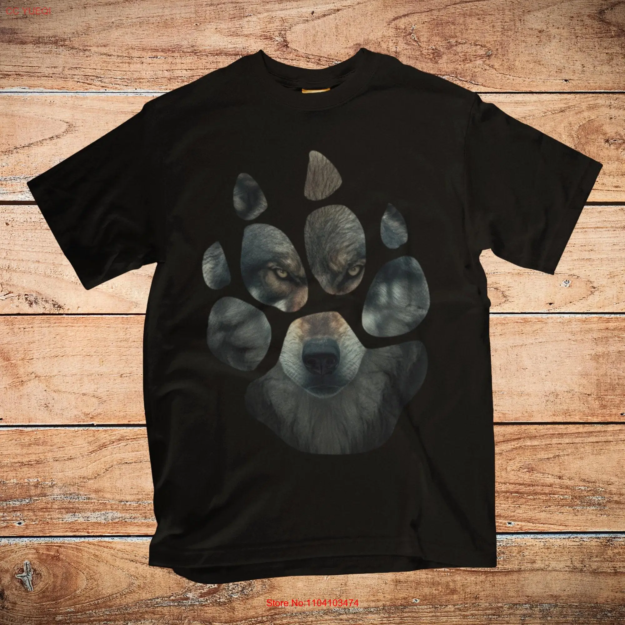 Wolf PAW PRINT Wildlife Nature Black T Shirt long or short sleeves