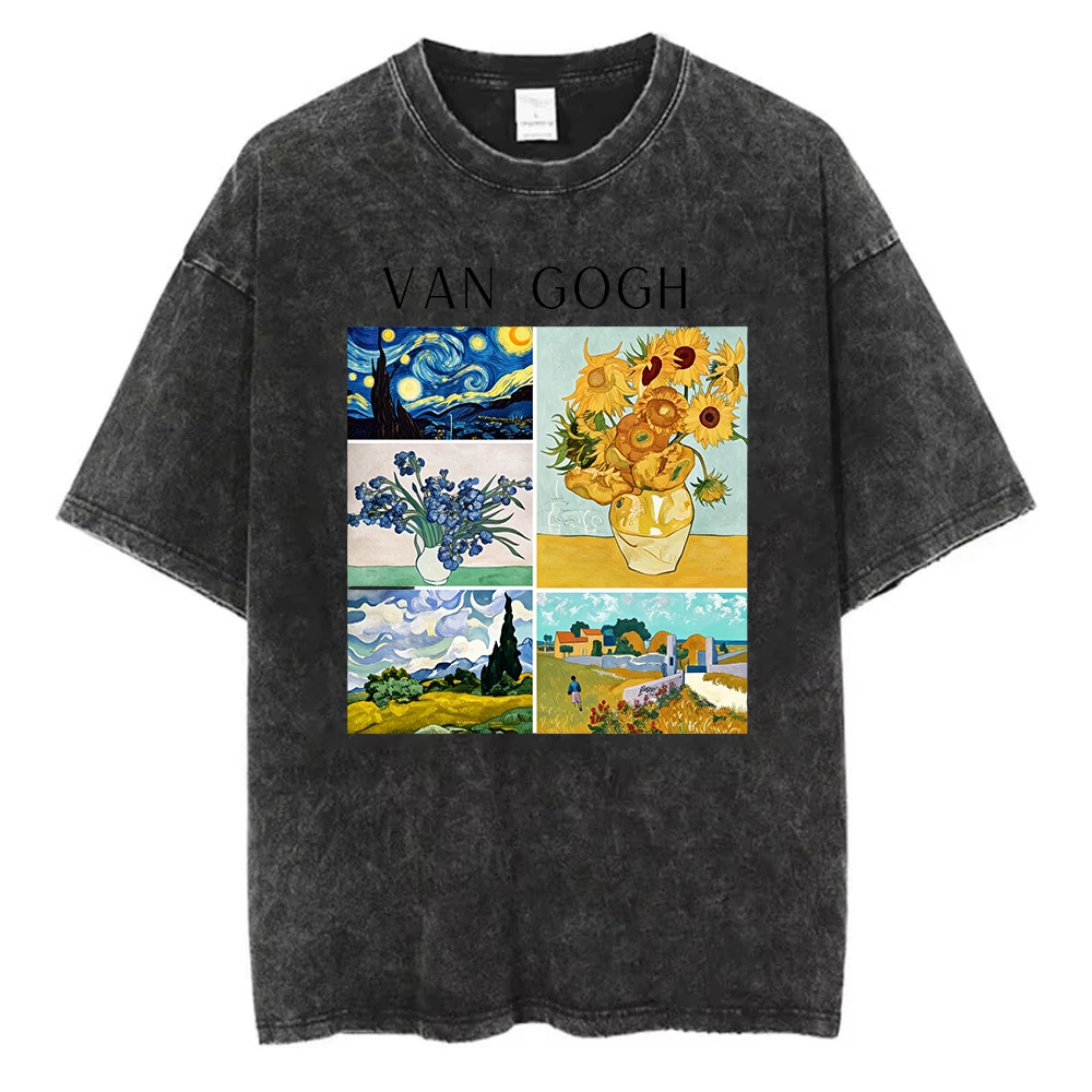 Vintage Washed Cotton T-Shirt Men Vincent Van Gogh Starry Night Sunflowers Graphic Tee Art Aesthetics Retro Acid Wash Loose Top