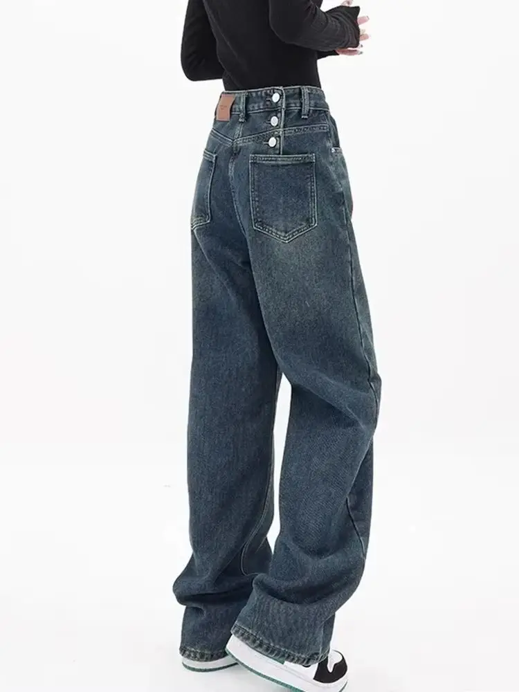 

Синие джинсовые брюки Мешковатые джинсы Женские джинсы нестандартной формы с высокой талией Модные широкие джинсы на пуговицах High Street Свободные брюки Y2K