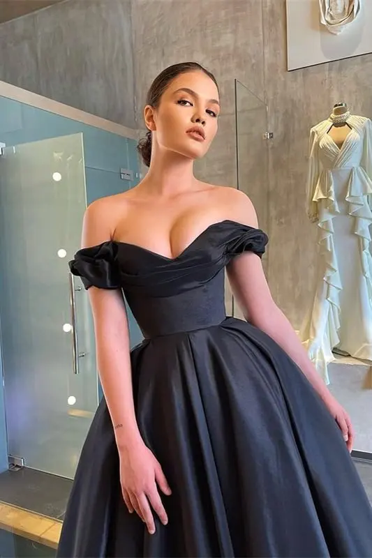 Black Prom Dresses Satin Tea Length Off Shoulder V Neckline A Line Ruffles Formal Party Women Evening Gowns Simple Custom made