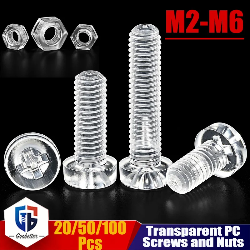 20/50/100Pcs M2 M2.5 M3 M4 M5 M6 Transparent PC Plastic Phillips Pan Head Screws Bolt Hex Nuts Insulated Fastener