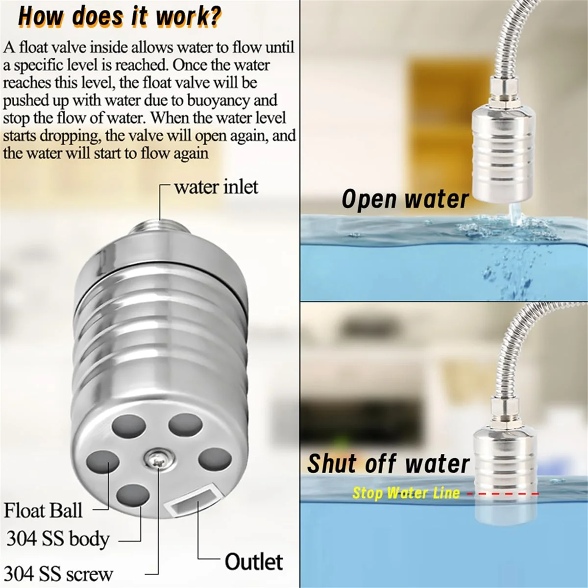 Válvula de flotador de agua de 1/2 pulgadas a 3/4 pulgadas, válvula de flotador de acero inoxidable, válvula de flotador con controlador de nivel de agua completamente automática