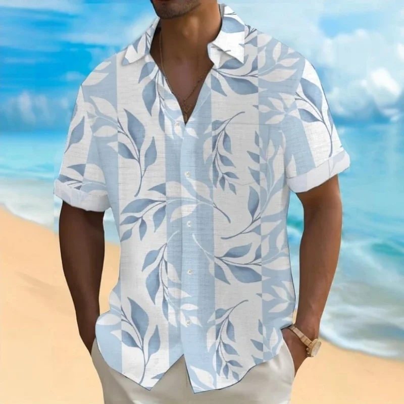 Men Summer Lapel Short Sleeve Hawaiian Shirt Casual Versatile Beach Tops, Blue Gradient Coconut Tree Print
