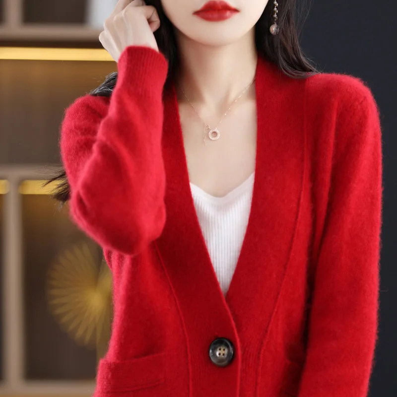 Autumn/Winter 2023 Women\'s Cashmere Sweater V-neck Knitted Jacket Fashion Korean 100% Merino Woolen Garment Top Casual Large