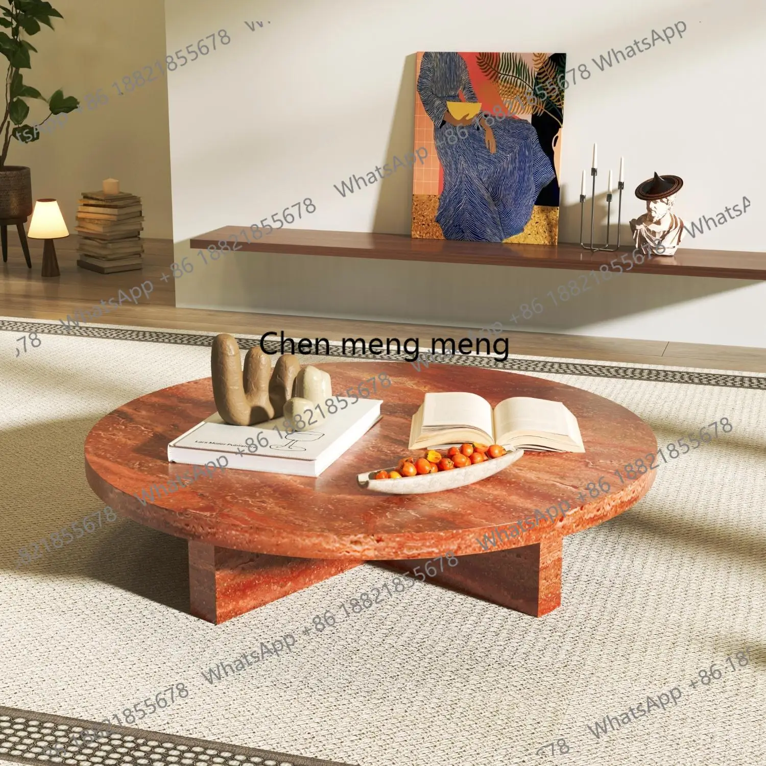 "Pink Jade Round Coffee Table - Luxury Marble Slate Side Table for Spacious Living Room, High-End Stone Tea Table"