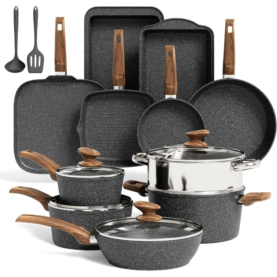 

17 шт. набор кастрюль и сковородок с антипригарным покрытием, наборы кухонной посуды для домашней кулинарии, черный гранит, индукционная, совместимая, нетоксичная H