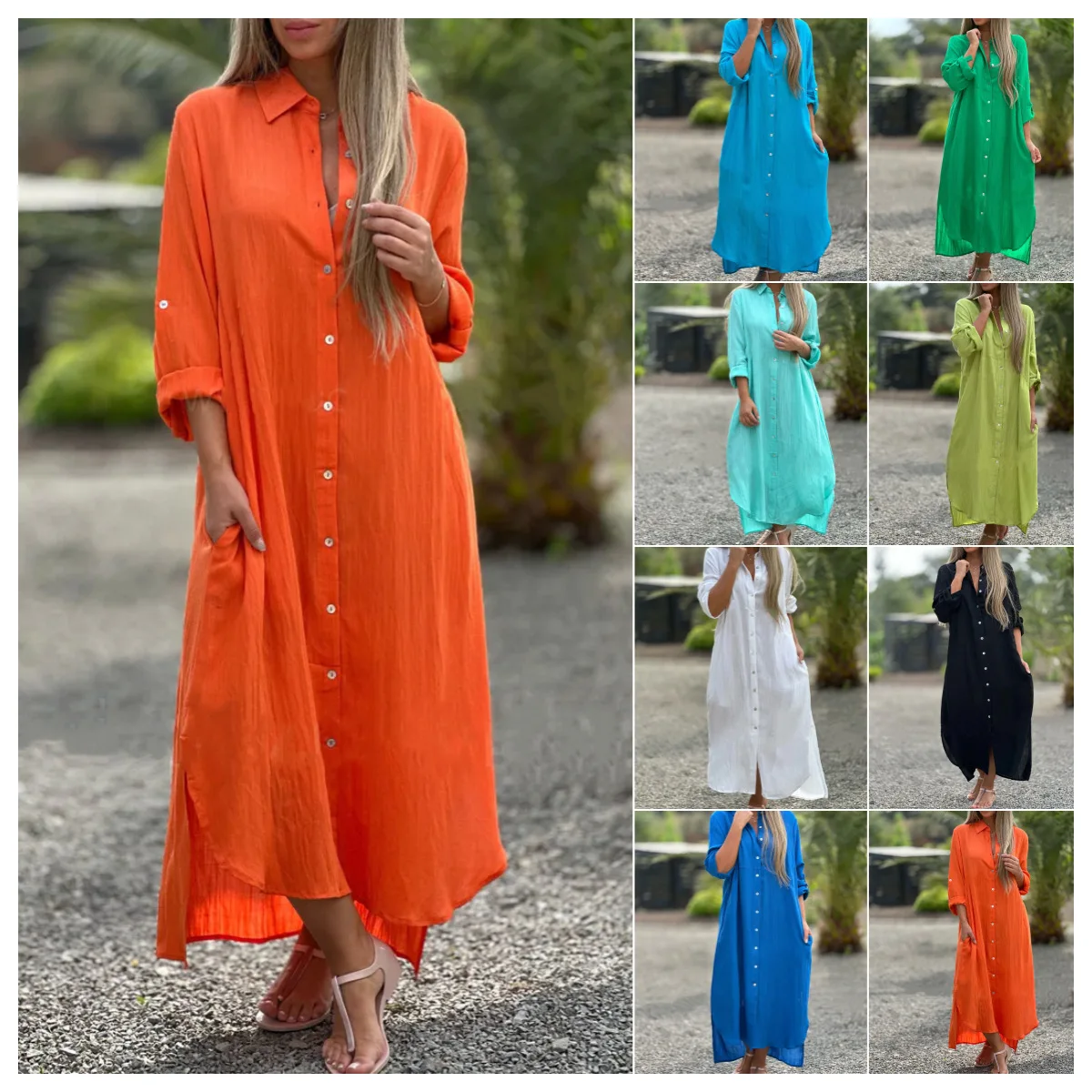 Cotton Linen Shirt Long Dress for Women Casual Long-sleeved Cardigan Muslim Dress Women Kaftan Single-breasted Vestidos De Mujer