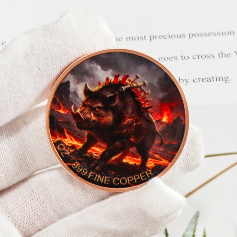 1pc 1 Oz .999 Fine Copper Lava Fire Wild Boar Commemorative Coin Dark Fantasy Wild Animal Challenge Coin Monster Souvenir Gifts