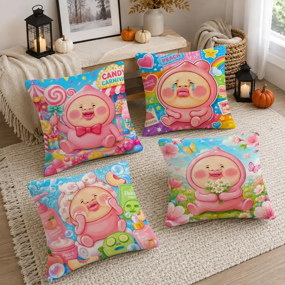 Character Kobito Zukan Peach Cushion Cover Soft Fluffy Short Plush  Pillow Case Throw Decorative for Sofa Bedroom Home Decor