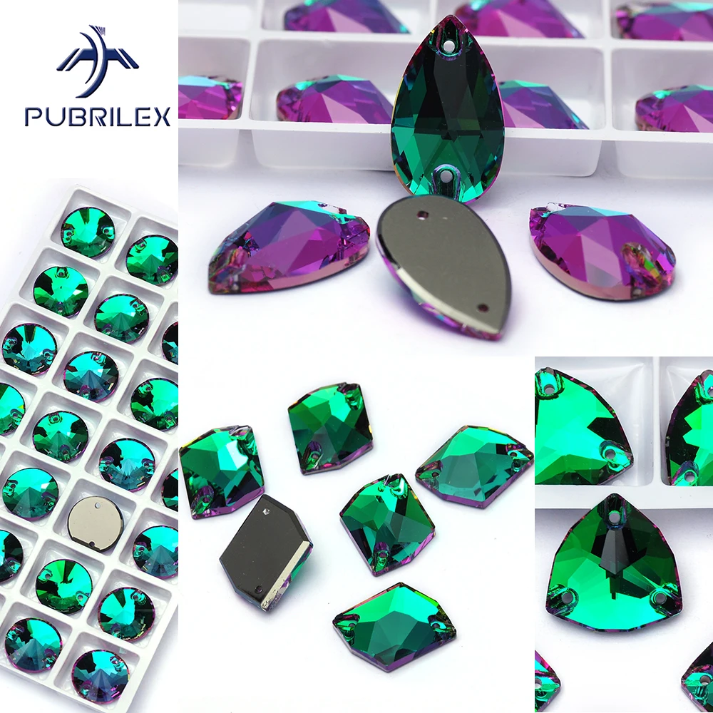 PUBRILEX Emerald Vitrail Mix Sizes DIY Strass Sew On Glass Stones and Crystals Flat Back Green Rhinestones For Handicrafts