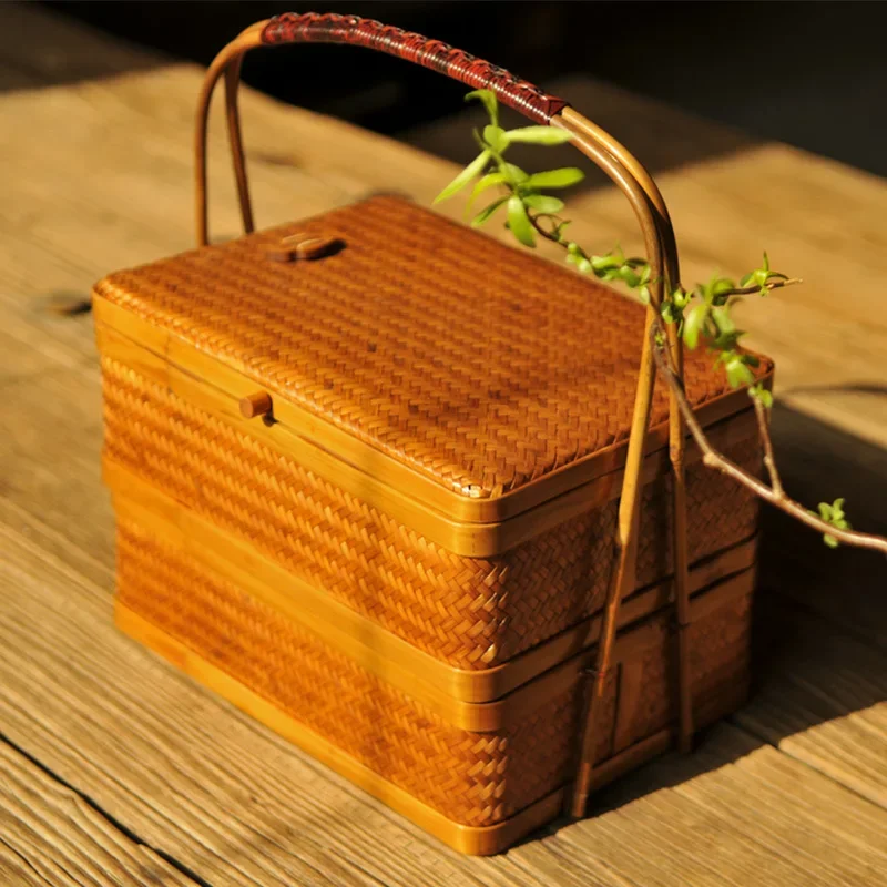 Artisan Bamboo Woven Picnic Bento Box MultiLayer Portable Refreshment Container Retro Handmade Fruit Bread Storage Basket