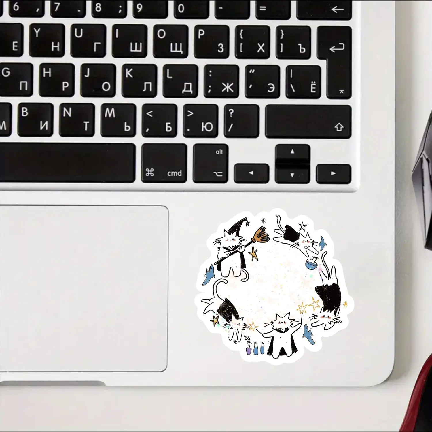 4Pcs Holographic Witch Cat Ring Vinyl Stickers, Waterproof Scratch Resistant Decals for Car Bumper, Laptop & Window