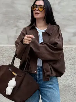 HH Women's Street Fashion Solid Loose Suede Texture Coats Causal Long Bat Sleeves Lapel Zipper Fly Winter Vintage Jackets 5