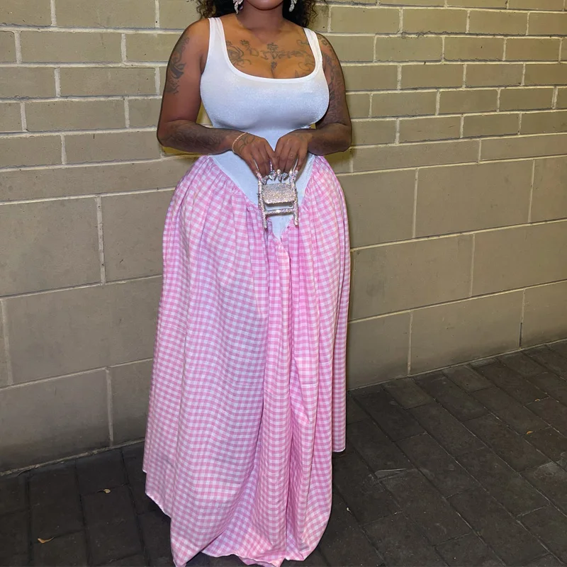 فستان Slergiri للسيدات بدون أكمام منقوش بدون أكمام لصيف 2025 برقبة سكوب وخصر عالٍ فساتين طويلة غير رسمية كبيرة سوينغ