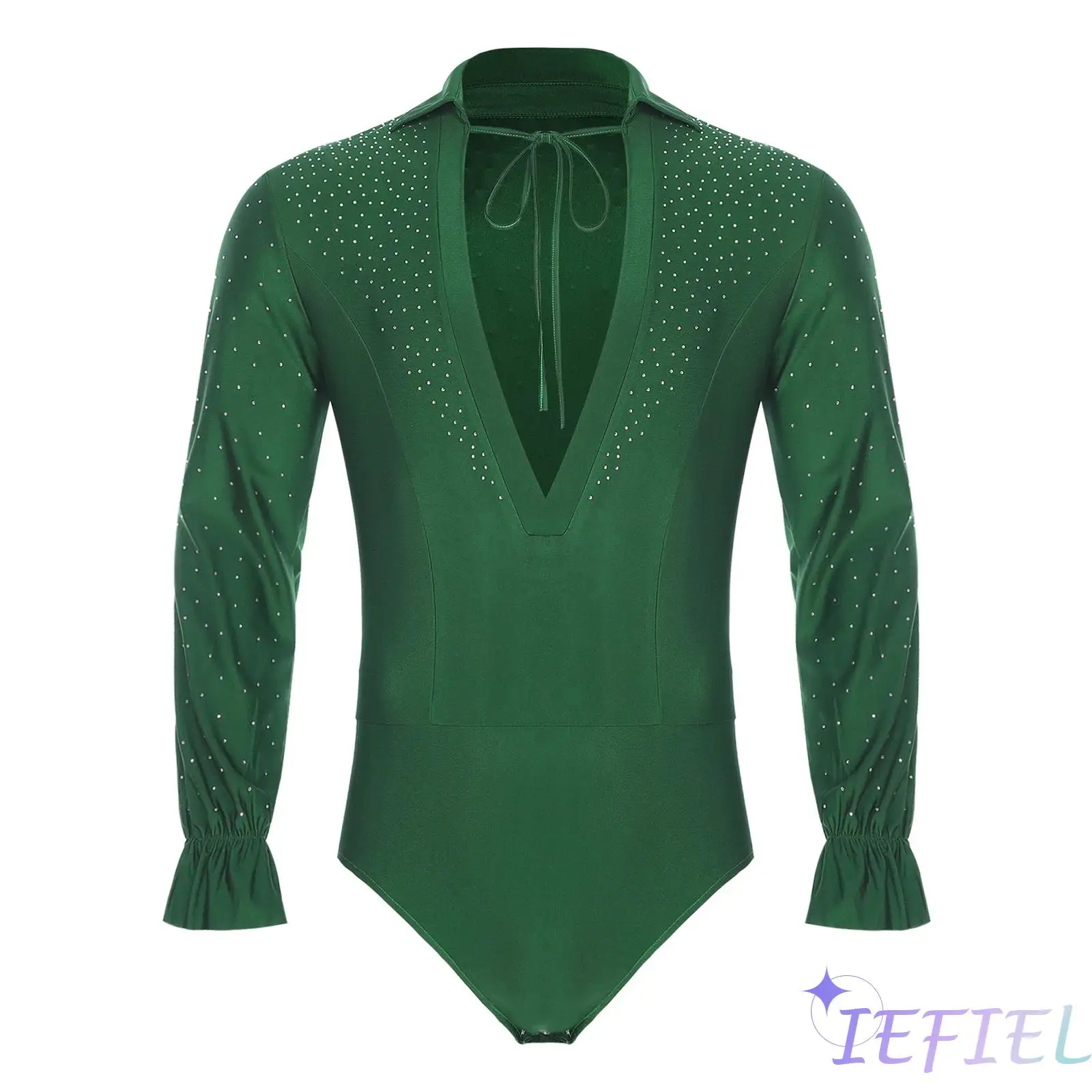 

Mens Latin Jazz Dance Leotard Deep V Neck Long Sleeve Openable Crotch Glitter Rhinestones Bodysuit Prince Ballet Stage Dancewear