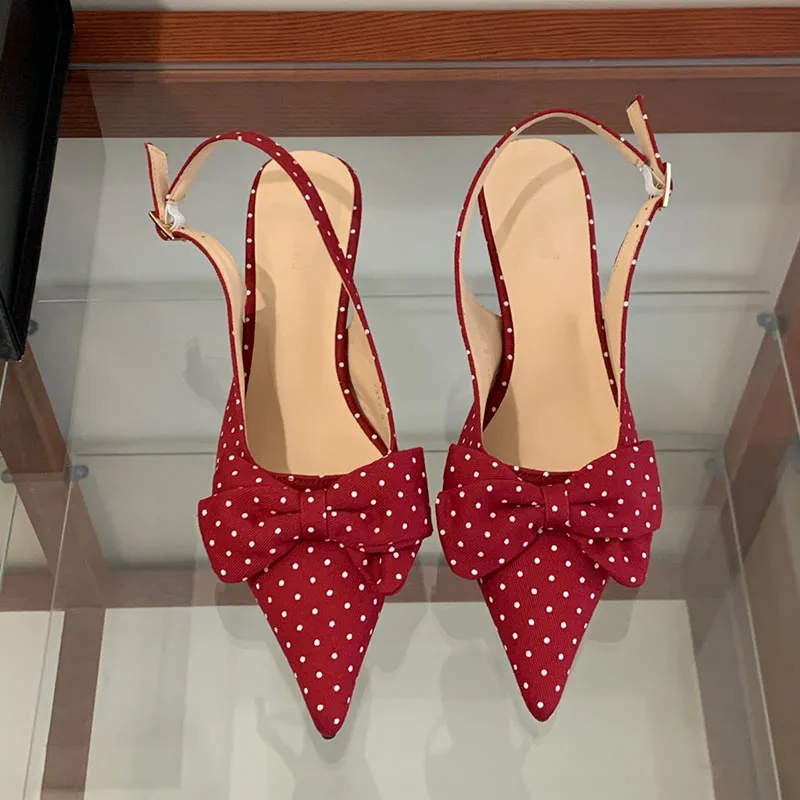 

BOMENDUI 2026 Spring New Brand Women Sandal Fashion Polka Dot Bow-knot Pointed Elegant Slingback Shoes Thin Med Heel Dress Pump