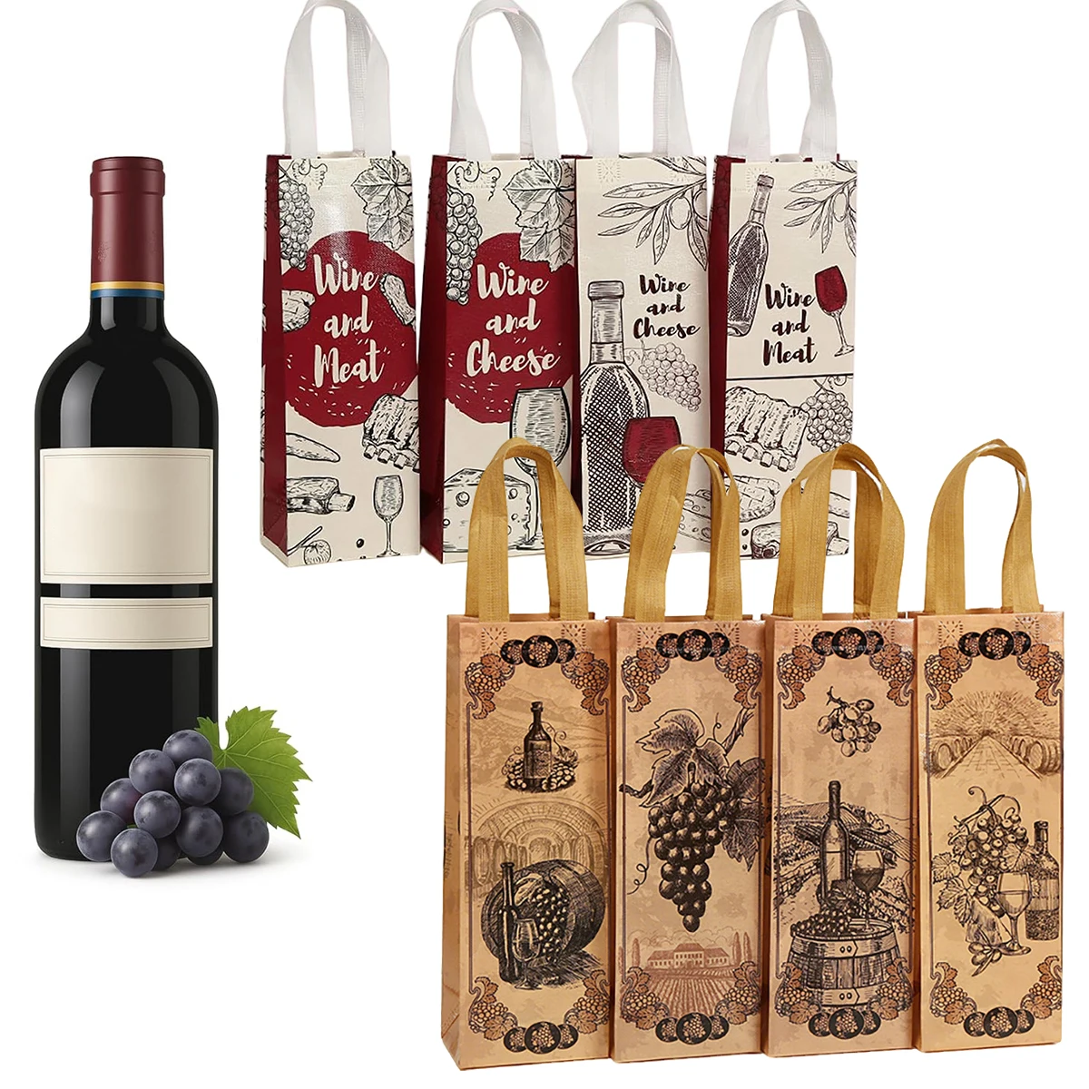 6/12/24 PCS Elegant Wine Gift Bags – Printed Non-Woven Totes with Handles for Wine Champagne Liquor Bottle Carrier for Parties