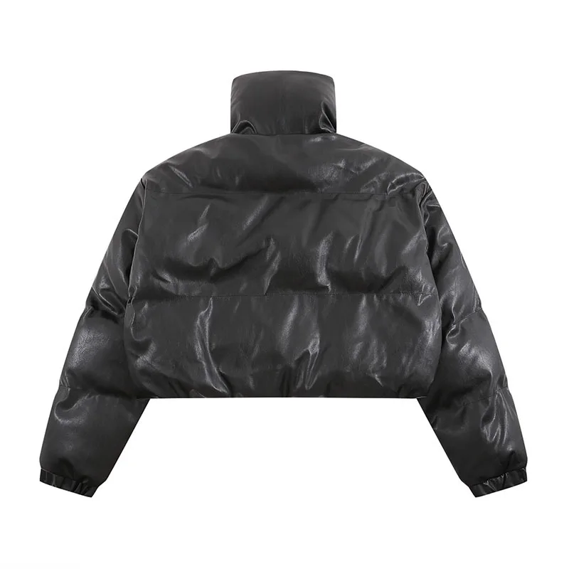 PU Leather Warm Women's Winter Jacket Buckle Stand Short Clothes Zipper Pocket Elastic Cuffs Black Waterproof Coats Hots Girl