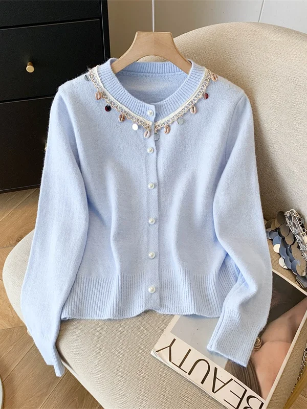 

Корейско-японский вязаный свитер с блестками для женщин, свободный крой, круглый вырез, антивозрастной кардиган-накидка больших размеров