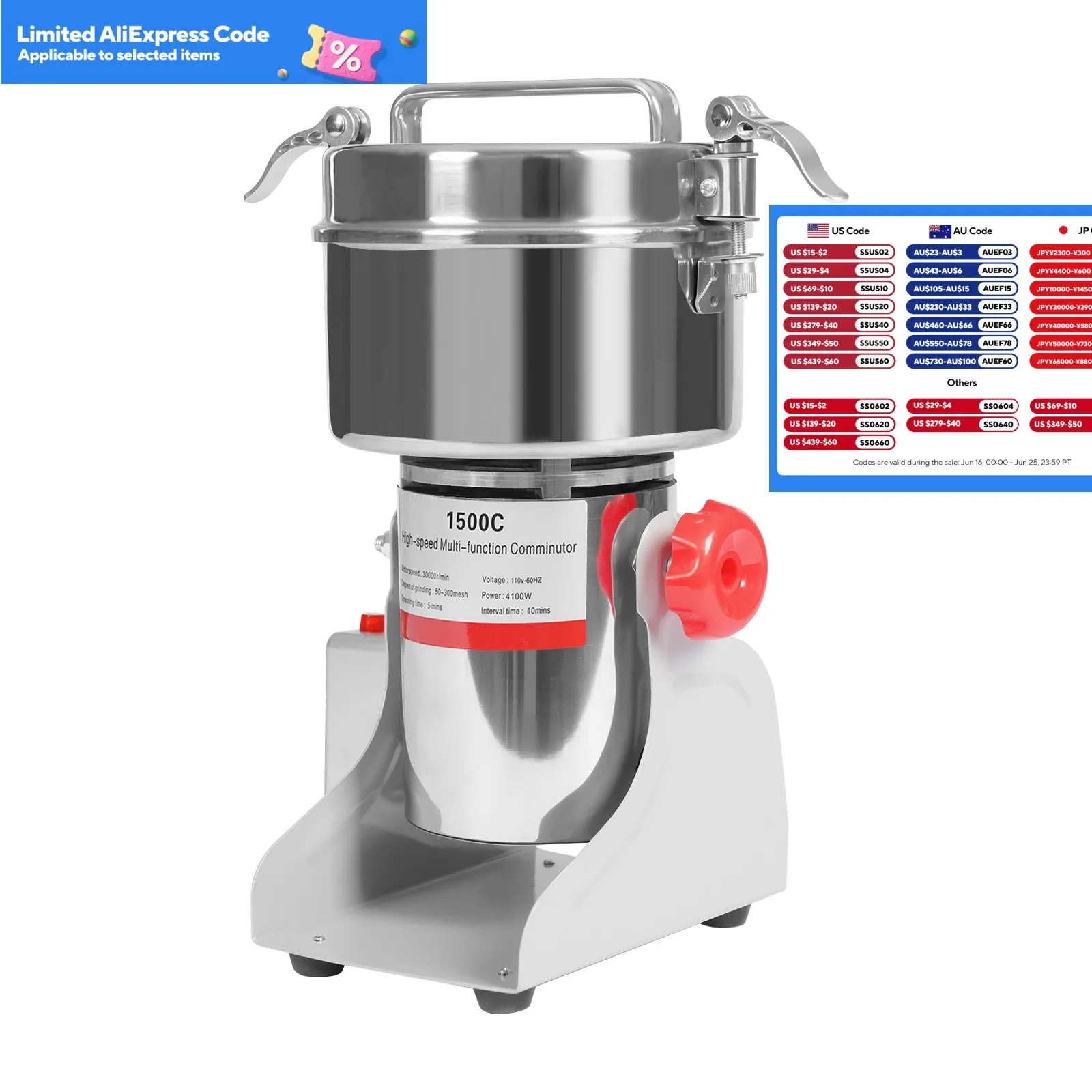 

4100W kitchen Tabletop Grain Mill Machine 30000r/min Multi-function Cereals Grinder Grain Capacity About 1000g/2.2lbs