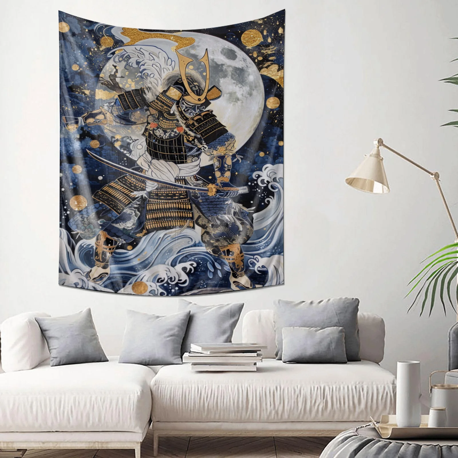 Japanese Samurai Warrior Tapestry Moon Wave Art Wall Decor Machine Washable All Season Living Room Bedroom Home Decor QuickSetup