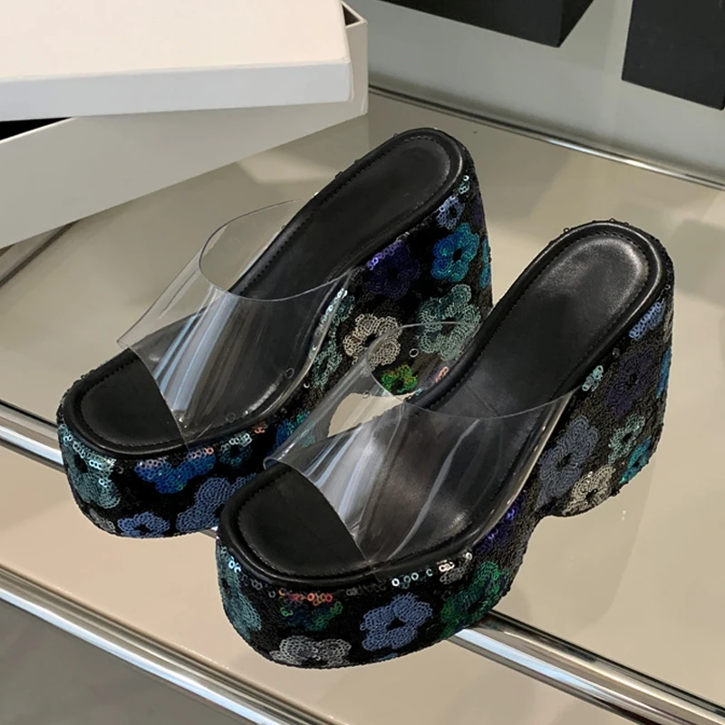 Liyke Sexy 13CM Super High Heels Wedges Slippers For Woman Pink Sequined Thick Bottom Open Toe Party Dress Shoes Platform Sandal