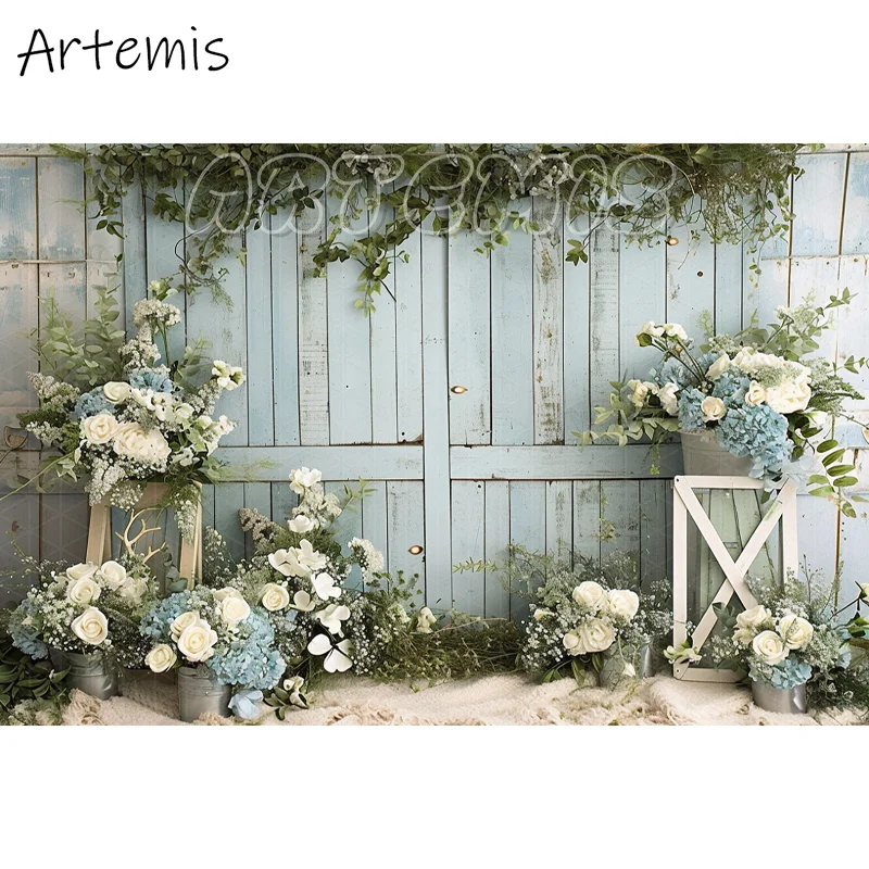 Spring Photography Backdrop Greenery Blue Decorative Pastoral Nostalgia Floral Baby Birthday Portrait Background Photo Studio