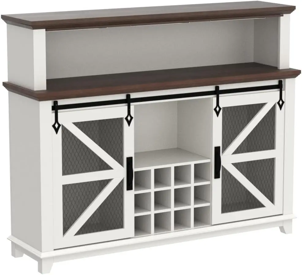 Farmhouse Coffee Bar Cabinet with LED Lights, 55" Sideboard Buffet Table w/Sliding Barn Door & Wine and Glass Rack