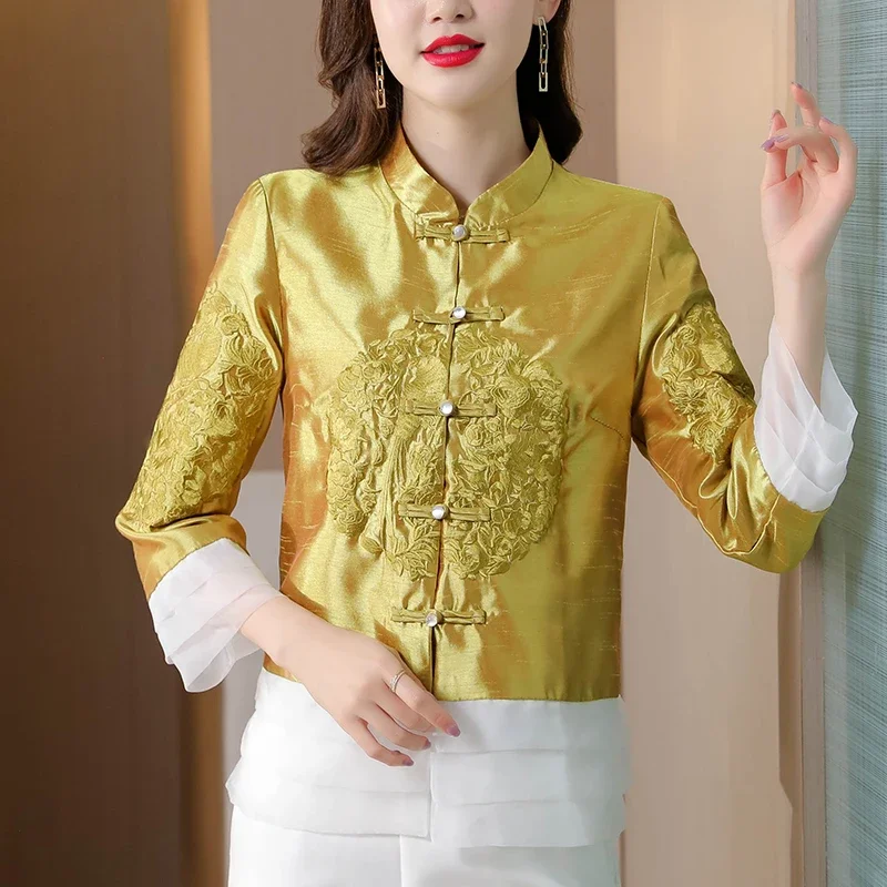 Vintage Embroidered Cheongsam Top Ladies Elegant Disc Buckle Patchwork Chinese Style Blouses Stand Collar Women Spring Shirt