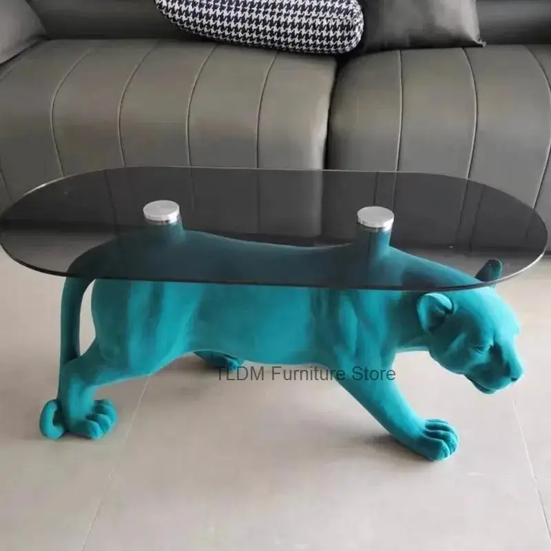 Glass Coffee Table Leopard Animal Print Design Modern Decorative Furniture for Living Room Apartment Side Table Luxury Home
