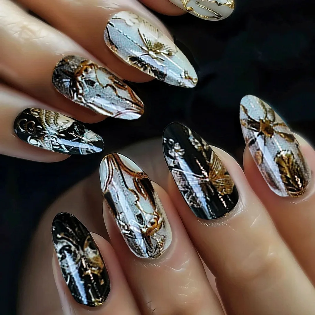 24Pcs Mid-length Almond Fake Nails Luxury Retro Flower Design Press on Nails Art Detachable Finished Full Cover False Nails Tips 6