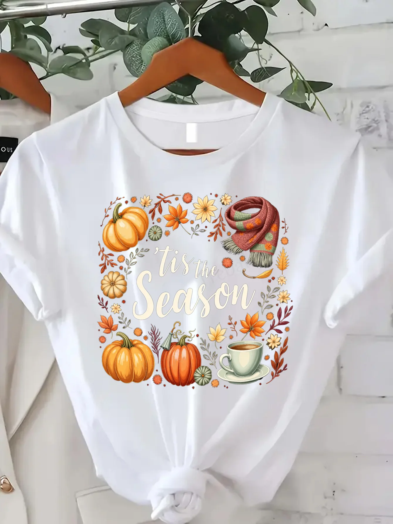 

Comfortable Women's Print T-shirt "Autumn 'Tis the Season T-Shirt with Pumpkins, Coffee & Scarf Print"